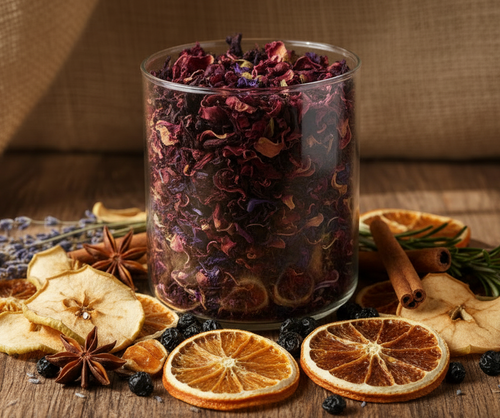 make herbal teas inside the tea jar less layered and just a mixture of deep rich colored herbal loose tea